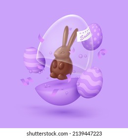 Flying purple egg with glass dome and chocolate rabbit, bunny, serpentine, bubbles, label, mini eggs. Happy Easter poster. Vector illustration for card, party, design, flyer, banner, web, advertising.