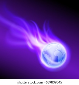 Flying purple flaming the globe on dark background with stream of binary code. EPS10 vector.