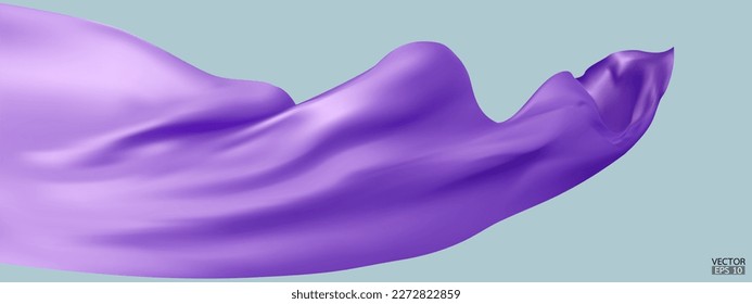 Flying purple silk textile fabric flag background. Smooth elegant purple Satin Isolated on blue Background for grand opening ceremony. Purple curtain. 3d vector illustration