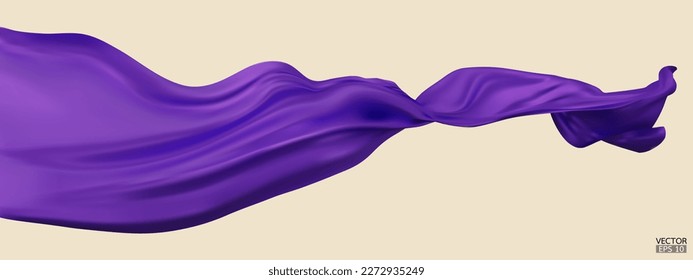 Flying purple silk textile fabric flag background. Smooth elegant purple Satin Isolated on beige Background for grand opening ceremony. Purple curtain. 3d vector illustration