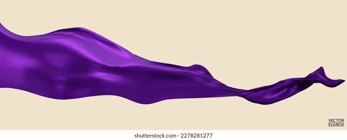 Flying purple silk textile fabric flag background. Smooth elegant purple Satin Isolated on beige Background for grand opening ceremony. Purple curtain. 3d vector illustration