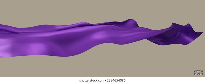 Flying purple silk textile fabric flag background. Smooth elegant purple Satin Isolated on beige Background for grand opening ceremony. Purple curtain. 3d vector illustration