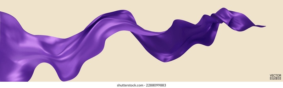 Flying purple silk textile fabric flag background. Smooth elegant purple Satin Isolated on beige Background for grand opening ceremony. Purple curtain. 3d vector illustration