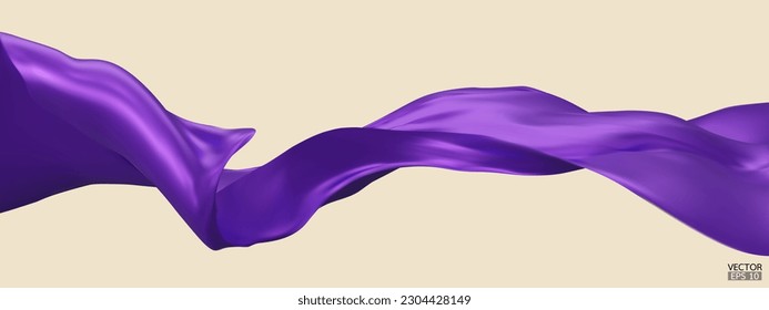 Flying purple silk textile fabric flag background. Smooth elegant purple Satin Isolated on beige Background for grand opening ceremony. Purple curtain. 3d vector illustration