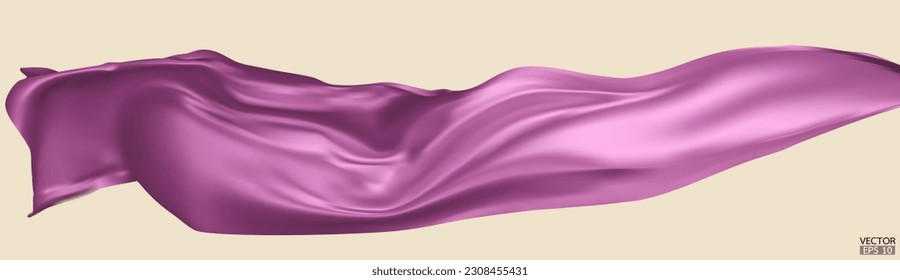 Flying purple silk textile fabric flag background. Smooth elegant purple Satin Isolated on beige Background for grand opening ceremony. Purple curtain. 3d vector illustration