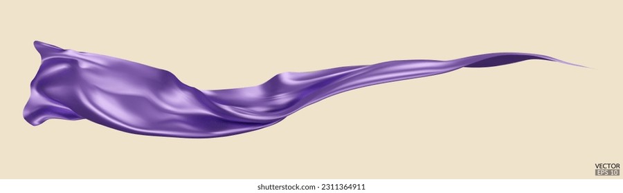 Flying purple silk textile fabric flag background. Smooth elegant purple Satin Isolated on beige Background for grand opening ceremony. Purple curtain. 3d vector illustration