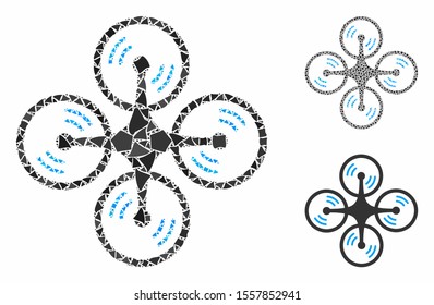 Flying quadcopter composition of unequal parts in variable sizes and color tints, based on flying quadcopter icon. Vector irregular items are united into collage.