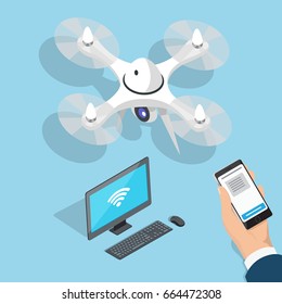 Flying quadcopter, computer and man hand with phone on blue background. Vector illustration of aerial drone with camera, electronic brain with sign of WI-FI, black telephone and message on screen.