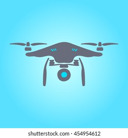 Flying quadcopter drone logo. Drone with action camera front view vector. Illustration sketch quad-copter.