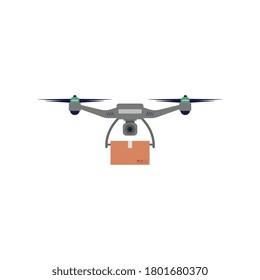 Flying quadcopter drone with mailbox flat vector illustration isolated on white background. Symbol or logo sign of modern delivery and logistics using drones.