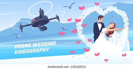 Flying quadcopter shoots on camera celebration of marriage of newlyweds couple on seaside vector illustration.
