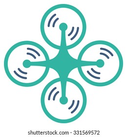 Flying Quadcopter vector icon. Style is bicolor flat symbol, cobalt and cyan colors, rounded angles, white background.