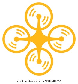Flying Quadcopter vector icon. Style is flat symbol, yellow color, rounded angles, white background.