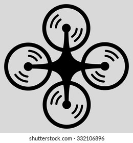 Flying Quadcopter vector icon. Style is flat symbol, black color, rounded angles, light gray background.