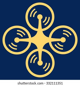 Flying Quadcopter vector icon. Style is flat symbol, yellow color, rounded angles, blue background.