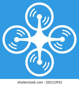 Flying Quadcopter vector icon. Style is flat symbol, white color, rounded angles, blue background.