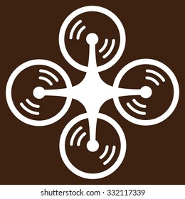 Flying Quadcopter vector icon. Style is flat symbol, white color, rounded angles, brown background.