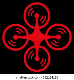 Flying Quadcopter vector icon. Style is flat symbol, red color, rounded angles, black background.