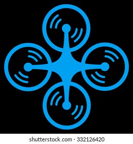 Flying Quadcopter vector icon. Style is flat symbol, blue color, rounded angles, black background.