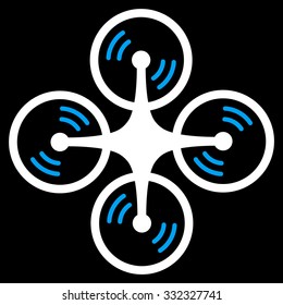 Flying Quadcopter vector icon. Style is bicolor flat symbol, blue and white colors, rounded angles, black background.