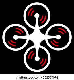 Flying Quadcopter vector icon. Style is bicolor flat symbol, red and white colors, rounded angles, black background.