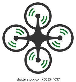 Flying Quadcopter vector icon. Style is bicolor flat symbol, green and gray colors, rounded angles, white background.