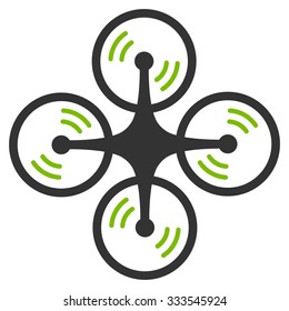 Flying Quadcopter vector icon. Style is bicolor flat symbol, eco green and gray colors, rounded angles, white background.