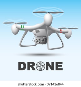 Flying quadcopter. Vector. Remote aerial drone with a camera taking photography or video recording . Vector art on isolated background. Flat design.