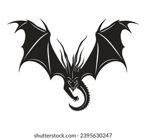 Flying ragon vector black silhouette art. Chinese New Year symbol Doodle fantasy oriental monster asian character beast logo
