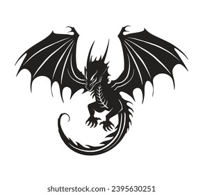 Flying ragon vector black silhouette art. Chinese New Year symbol Doodle fantasy oriental monster asian character beast logo