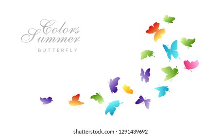 Flying rainbow butterflies. Horizontal decoration element.