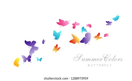 Flying rainbow butterflies. Horizontal vector decoration element.