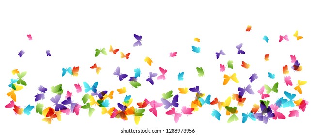 Flying rainbow butterflies. Vector decoration element. Horizontal border