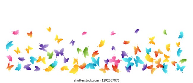 Flying rainbow butterflies. Vector decoration element. Horizontal border