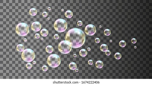 Flying rainbow transparent soap bubbles on checkered background.Reaistic colored balls.Vector texture.