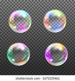 Flying rainbow transparent soap bubbles on checkered background.Reaistic colored balls.Vector texture.