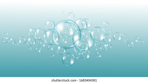 Flying rainbow transparent soap bubbles on blue background.Reaistic colored balls.Vector texture.