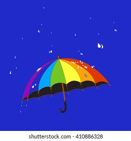 Flying Rainbow Umbrella And Raindrops - Vector Illustration
