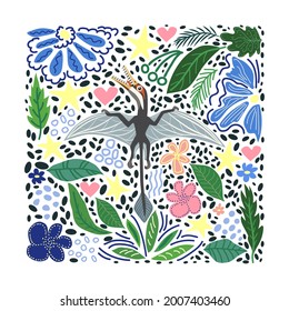 Flying Ramforkhin, prehistoric dinosaurs collection. Ancient animals. Hand drawn. In a frame of flowers and leaves