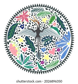 Flying Ramforkhin, prehistoric dinosaurs collection. Ancient animals. Hand drawn. In a frame of flowers and leaves