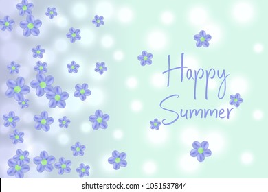 Flying random, chaotic flowers on blue bokeh, defocused background with Happy Summer text.