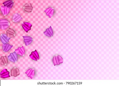 Flying random, chaotic pink, violet, lilac petals on transparent background.