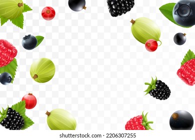 Himbeere, Brombeeren, Stachelbeeren, Johannisbeeren, Cranberry und Heidelbeere auf transparentem Hintergrund fliegen. Beeren fallen unter verschiedenen Blickwinkeln. Konzentrierte und unscharfe Objekte. 3d realistischer Vektorgrafik.