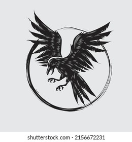 A flying raven with circle background in black color vector illustration ,Isolated on a white background