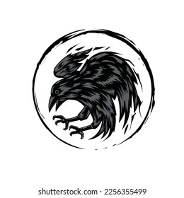 flying raven with circle background in black color vector illustration