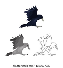 Flying raven colored, line and monochrome icon set vector concept