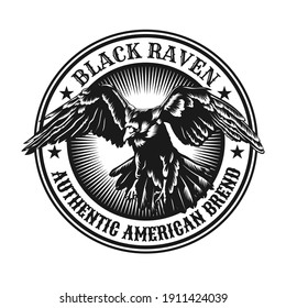 Flying raven emblem design. Monochrome element with wild crow flight vector illustration with text. Horror concept for stamps and labels templates