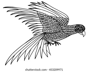 Flying raven with high details. Adult anti-stress coloring page with crow. Black white hand drawn doodle bird. Sketch for poster, print, t-shirt in zentangle style. Vector illustration