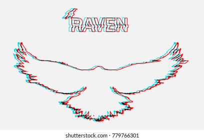 Flying raven. Line vector illustration. Silhouette with glitch error.