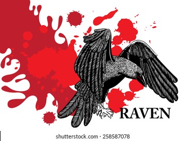 flying raven and red blots and splashes